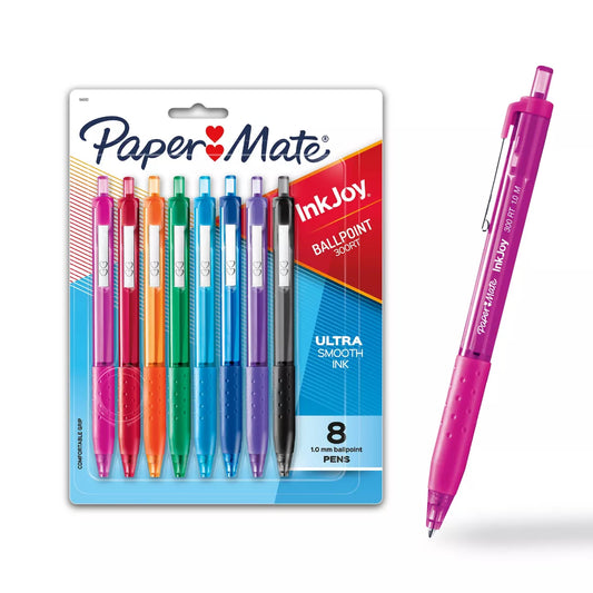 Paper Mate Ink Joy 300RT 8pk Ballpoint Pens 1.0mm Multicolored: Retractable, Quick Drying, Rubber Grip, Colorful Ink